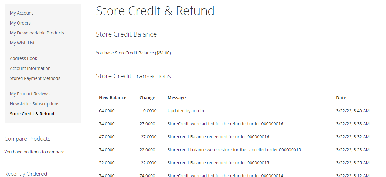 Store credit balance and transactions history on front end